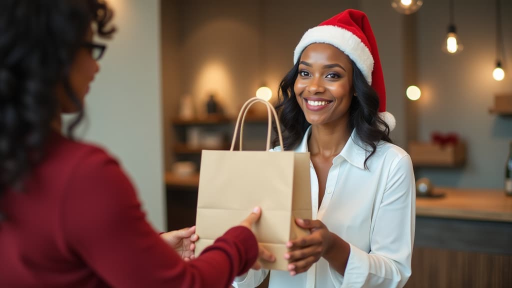  smiling african american saleswoman with make up, wearing santa hat and white blouse, giving beige paper shopping bag to customer, counter, modern shop background, full body shot, ar 16:9, (natural skin texture), highly detailed face, depth of field, hyperrealism, soft light, muted colors