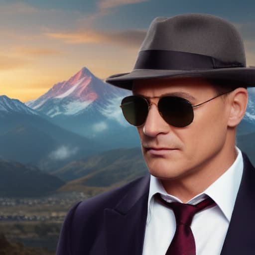 Reymond reddington with sunglasses in Mythological style with Mountains background