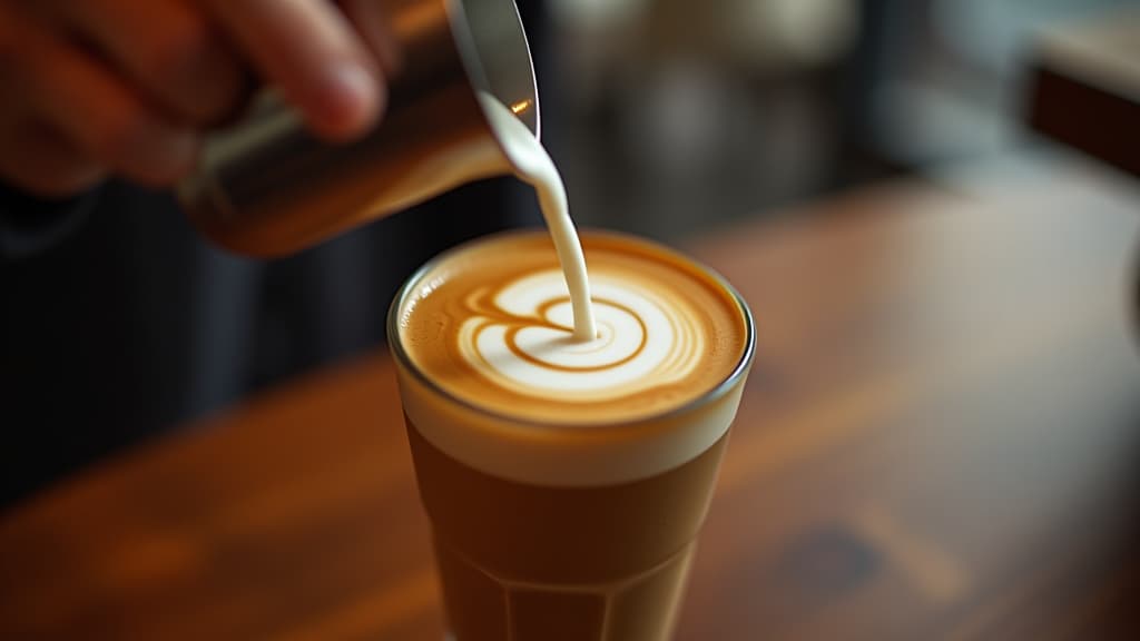  the art of latte. a skilled hand pours steamed milk into a coffee glass, creating an intricate latte art pattern on a warm and cozy backdrop