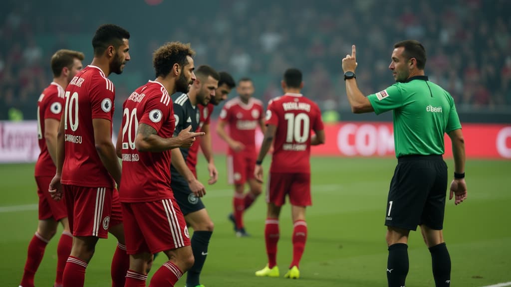  prompt: create a hyper realistic image capturing the intense match between borussia mönchengladbach and union berlin, focusing on the pivotal moment of injury breaks leading to eight minutes of stoppage time. show union coach bo svensson's frustration and astonishment, surrounded by players ko itakura, diogo leite, benedict hollerbach, and nathan ngoumou experiencing injuries. include detailed expressions of pain and concern on their faces. display a dramatic scene with the referee signaling st