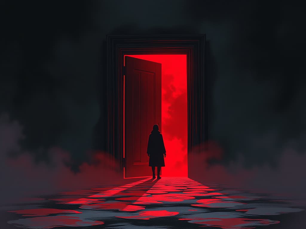  door closing with finality, shadows of the past fading, air of chapters ending. the style is digital art illustration / modern comic book / graphic dark novel fantasy and mysterious occult, symbolic, moody lighting, esoteric vibe,high detail on character design. for the color scheme emphasize blacks and reds.