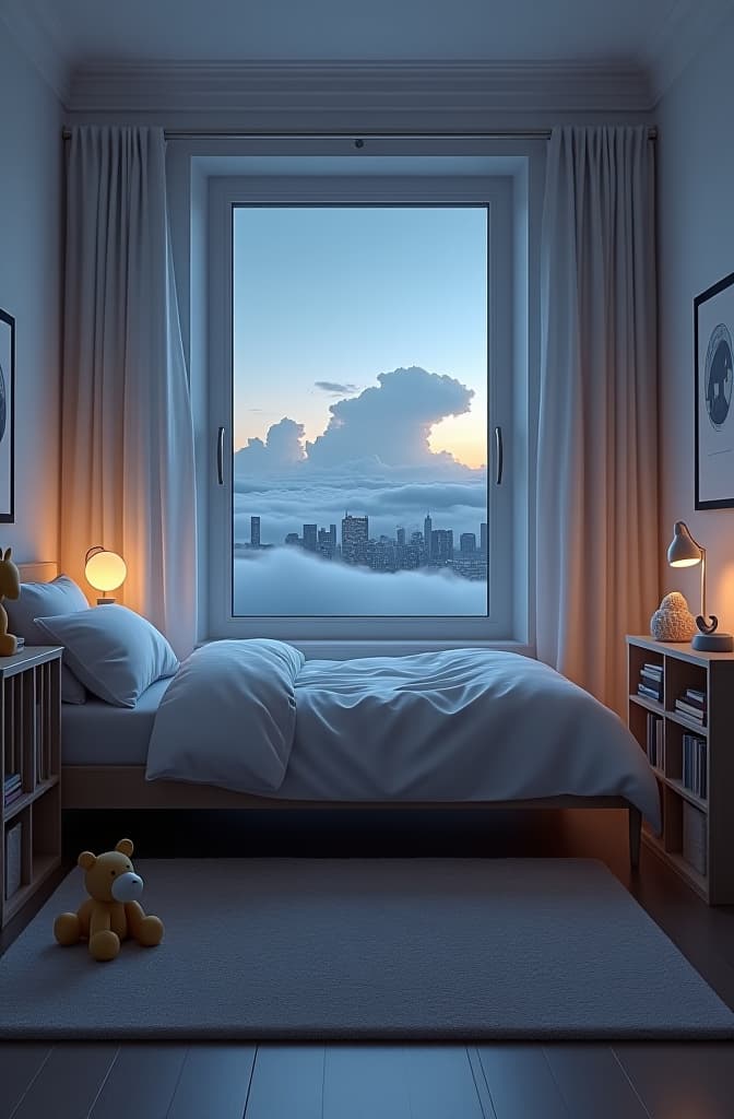  single bed with white linens. the bed is in the children's room in white colors. there are toys and a rug on the floor. half sided frame from below, night clouds, above city, atmospheric lighting, octane render a fantasy digital painting by james gurney, trending on artstation, hyperrealistic, realistic, photorealistic, dynamic lighting, highly detailed, cinematic landscape, studio lighting hyperrealistic, full body, detailed clothing, highly detailed, cinematic lighting, stunningly beautiful, intricate, sharp focus, f/1. 8, 85mm, (centered image composition), (professionally color graded), ((bright soft diffused light)), volumetric fog, trending on instagram, trending on tumblr, HDR 4K, 8K