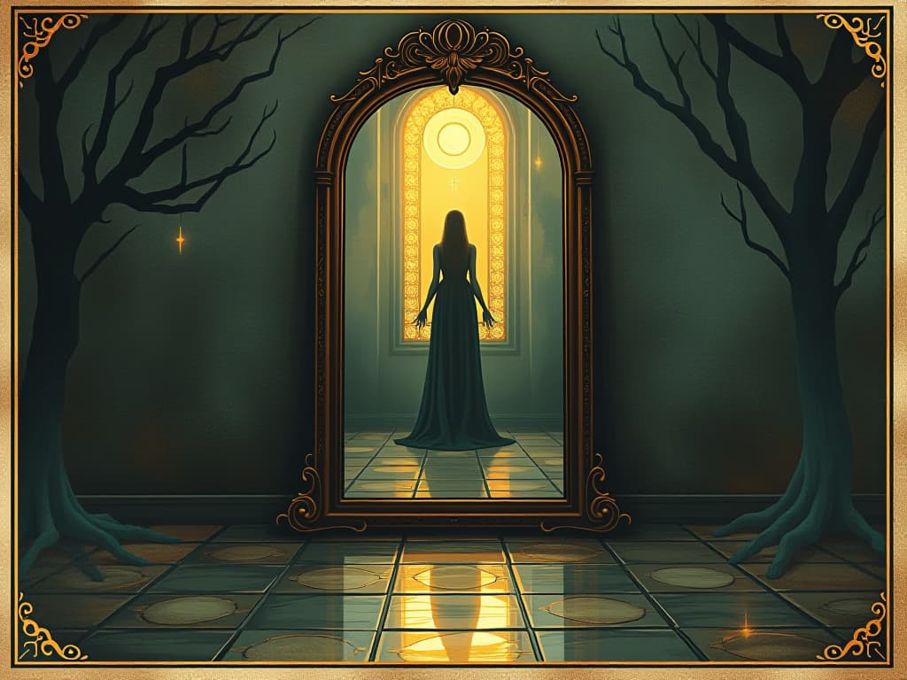  mirror enhancing the light and beauty of surroundings, bright reflections, balanced and harmonious. an illustration in the style of a worn, mystical old tarot trump card, mysterious and elements of surrealism. the colors are muted, somber and eerie, but with contrast bring out an occult and esoteric vibe.