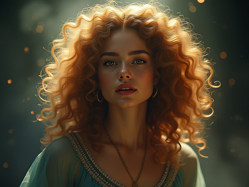  naturally beautiful ethereal devoted woman with dazzling curly hair, she is highly compasionate and conscious, leonardo da vinci style ambience and lighting