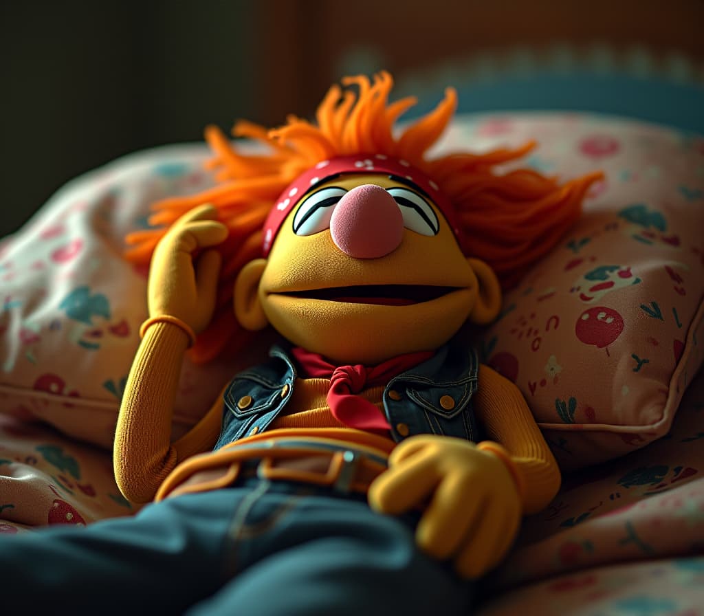  cinematic photo bender (futurama) muppet sleeping happily, he dressed as a rock star from the 80's, red bandana, denim vest, crazy hairstyle, the atmosphere is totally relaxing . 35mm photograph, film, bokeh, professional, 4k, highly detailed hyperrealistic, full body, detailed clothing, highly detailed, cinematic lighting, stunningly beautiful, intricate, sharp focus, f/1. 8, 85mm, (centered image composition), (professionally color graded), ((bright soft diffused light)), volumetric fog, trending on instagram, trending on tumblr, HDR 4K, 8K