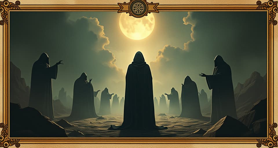  a hero standing against a backdrop of challenging trials, dark figures in the background, light surrounding, overcoming obstacles. an illustration in the style of a worn, mystical old tarot trump card, mysterious and elements of surrealism. the colors are muted, somber and eerie, but with contrast bring out an occult and esoteric vibe.