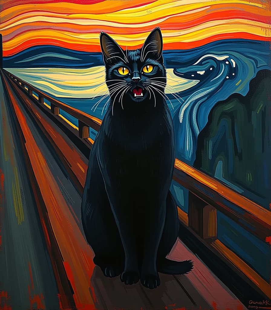  abstract expressionist painting masterpiece. (painting. painting “the scream” by norwegian expressionist painter edvard munch. a black cat standing on a bridge with surprised eyes and open mouth and hands encircling ears and cheeks from surprise:1.5). (intense close up:1.2). highly detailed strokes, clarity. surrealism, fantasy, expressionism. the style of the artist edvard munch:1.5.) . energetic brushwork, bold colors, abstract forms, expressive, emotional hyperrealistic, full body, detailed clothing, highly detailed, cinematic lighting, stunningly beautiful, intricate, sharp focus, f/1. 8, 85mm, (centered image composition), (professionally color graded), ((bright soft diffused light)), volumetric fog, trending on instagram, trending on tumblr, HDR 4K, 8K