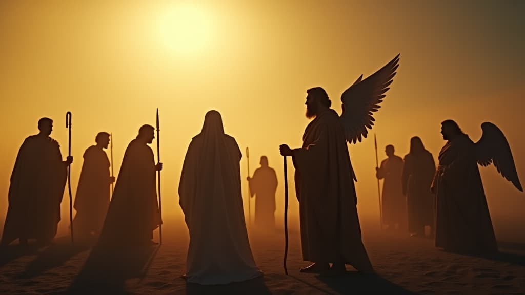  history of biblical times, angels telling lot to gather his family and flee the city before its destruction. hyperrealistic, full body, detailed clothing, highly detailed, cinematic lighting, stunningly beautiful, intricate, sharp focus, f/1. 8, 85mm, (centered image composition), (professionally color graded), ((bright soft diffused light)), volumetric fog, trending on instagram, trending on tumblr, HDR 4K, 8K