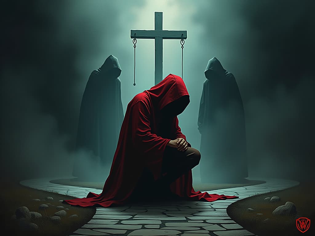  a weary pilgrim kneeling at a crossroads, hooded and robed, shadows of past actions looming behind, ethereal light shining down, symbols of confession hovering.. the style is dark fantasy and mysterious occult, symbolic, moody lighting, esoteric vibe,high detail on character design. for the color scheme emphasize blacks and reds.