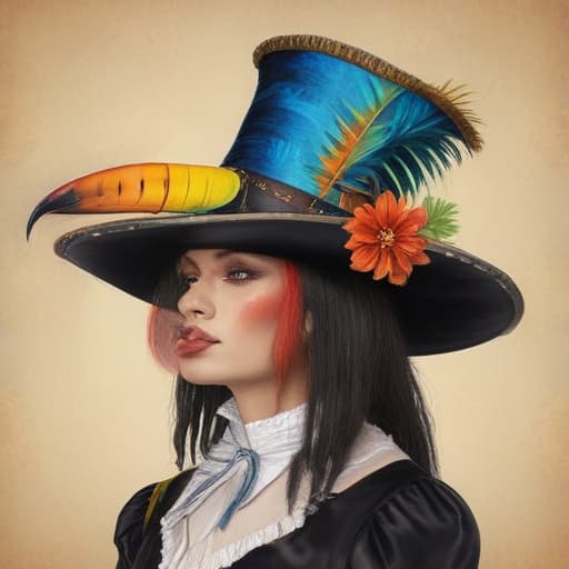 Rainbow drag queen cowboy top hat and headdress tuxedo with spurs toucan Elizabethan collar wand paraso in the Van Gogh style drawing by Da Vinci