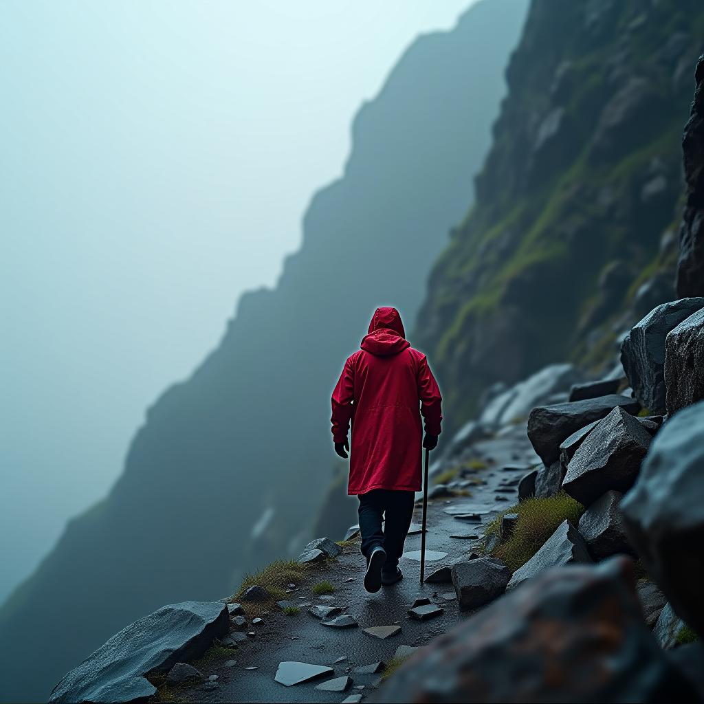  hyperrealistic art black sauce in a red coat heading up to a steep mountain under heavy rain and fog . extremely high resolution details, photographic, realism pushed to extreme, fine texture, incredibly lifelike hyperrealistic, full body, detailed clothing, highly detailed, cinematic lighting, stunningly beautiful, intricate, sharp focus, f/1. 8, 85mm, (centered image composition), (professionally color graded), ((bright soft diffused light)), volumetric fog, trending on instagram, trending on tumblr, HDR 4K, 8K