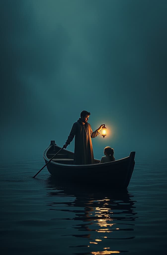  man, drawing in a dark, stormy water. boat with a girl with lamp. o hyperrealistic, full body, detailed clothing, highly detailed, cinematic lighting, stunningly beautiful, intricate, sharp focus, f/1. 8, 85mm, (centered image composition), (professionally color graded), ((bright soft diffused light)), volumetric fog, trending on instagram, trending on tumblr, HDR 4K, 8K