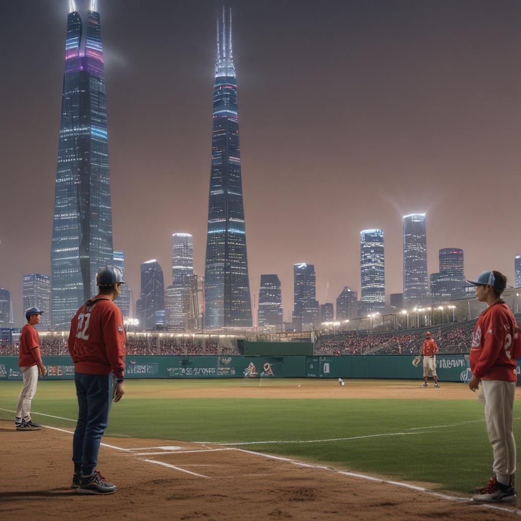 ((masterpiece)),(((best quality))), 8k, high detailed, ultra detailed, A baseball field, Lotte Tower, players in action, spectators cheering, city skyline in the background, bright stadium lights hyperrealistic, full body, detailed clothing, highly detailed, cinematic lighting, stunningly beautiful, intricate, sharp focus, f/1. 8, 85mm, (centered image composition), (professionally color graded), ((bright soft diffused light)), volumetric fog, trending on instagram, trending on tumblr, HDR 4K, 8K