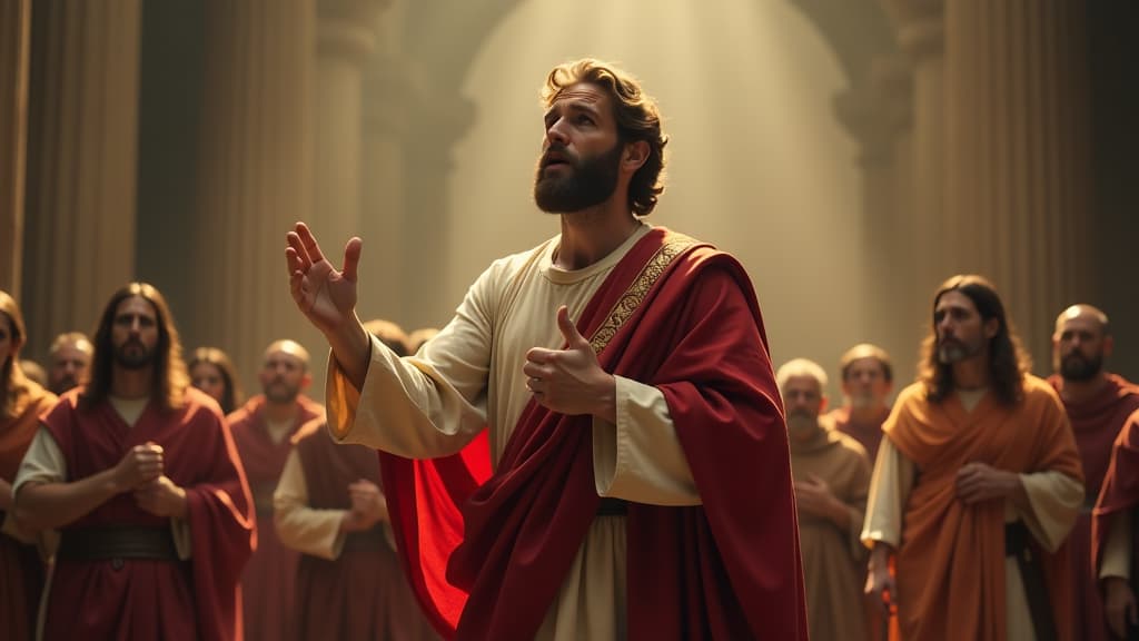  history of biblical times, peter's final moments, depicted as he stands confidently proclaiming the gospel, ready to embrace martyrdom with conviction. hyperrealistic, full body, detailed clothing, highly detailed, cinematic lighting, stunningly beautiful, intricate, sharp focus, f/1. 8, 85mm, (centered image composition), (professionally color graded), ((bright soft diffused light)), volumetric fog, trending on instagram, trending on tumblr, HDR 4K, 8K