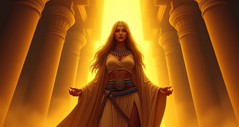  glowing aura around a large busted priestess in form fitting ancients robes, cascading rays of golden light, sacred temple interiors, atmosphere of growing spiritual potency. the style is digital art illustration / modern comic book / mysterious occult, symbolic, esoteric vibe,high detail on character design, incorporating ancient egyptian symbology and attire.