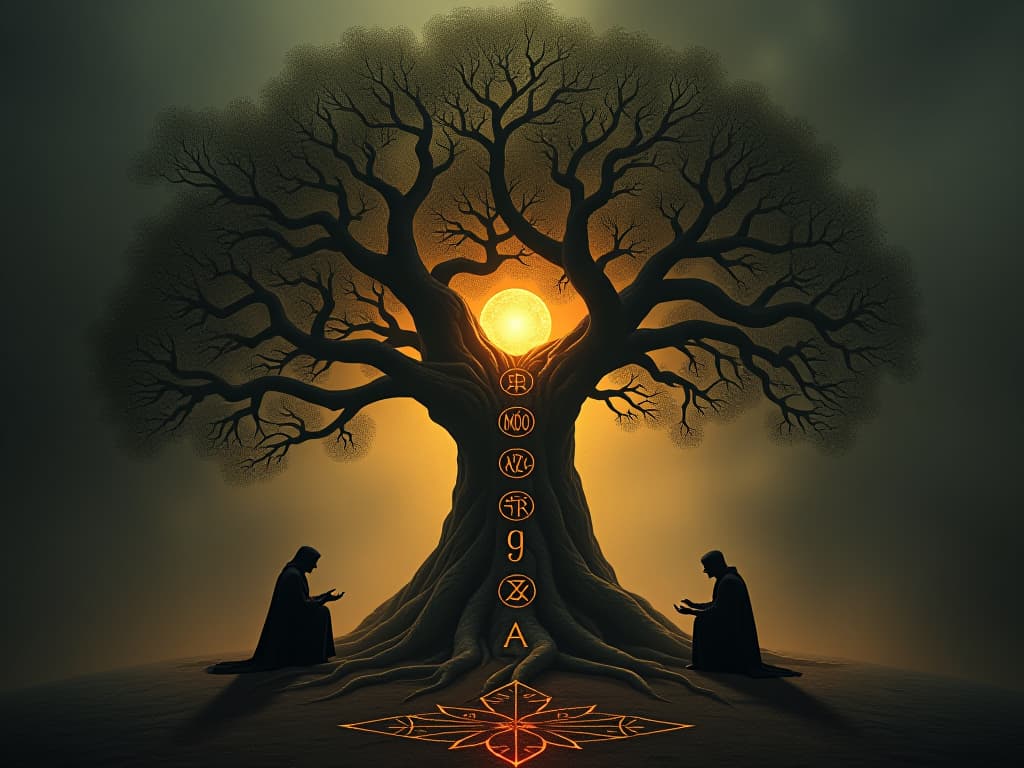  a thriving, ancient tree with roots engraved with runes of growth, figures kneeling at its base in reverence, soft golden light emanating, aura of reverence and renewal.. the style is dark fantasy and mysterious occult, symbolic, moody lighting, esoteric vibe,high detail on character design. for the color scheme emphasize blacks and reds.