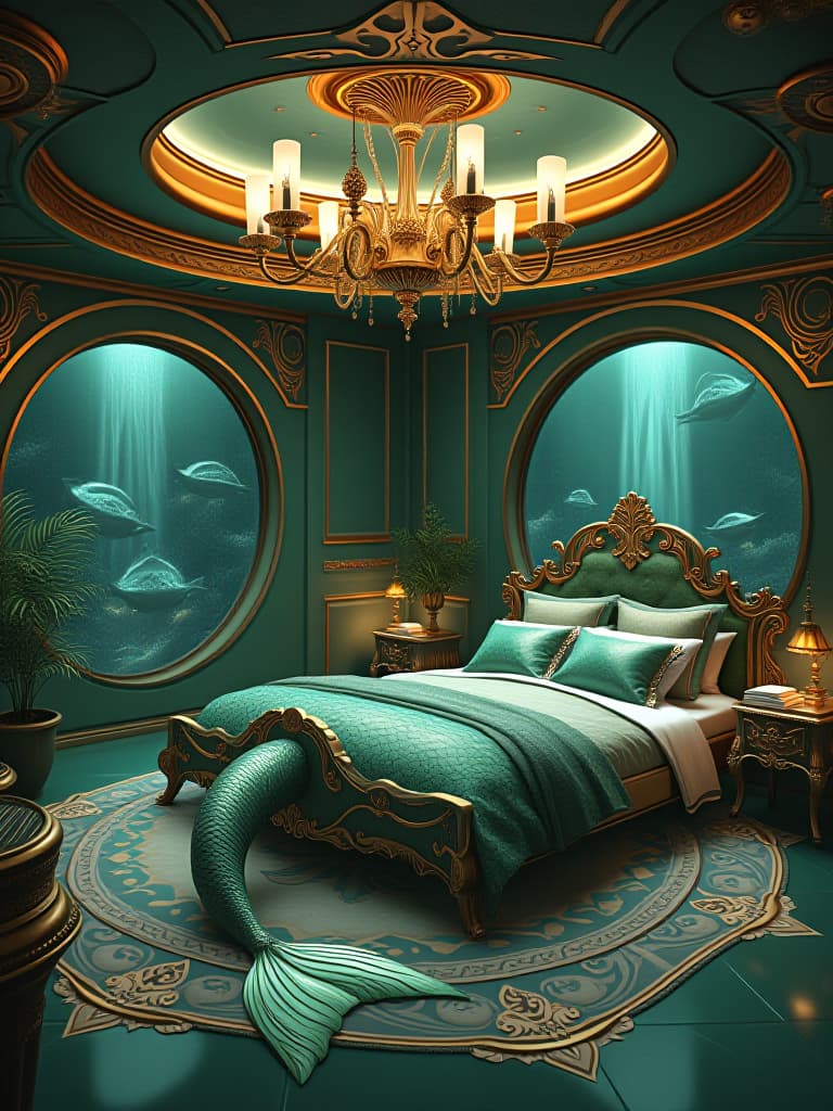  a luxurious mermaid mansion bedroom in the deep sea. the house is round li and big metallic green and gold ver shiny . with mermaid luxurious bed that shaped like a mermaid tale