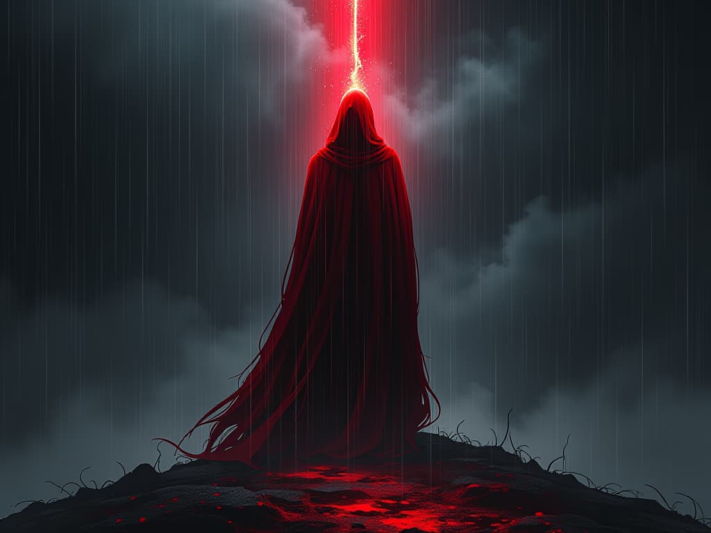  figure in red, standing in storm, rain cascading down, aura of struggle and perseverance. the style is digital art illustration / modern comic book / graphic dark novel fantasy and mysterious occult, symbolic, moody lighting, esoteric vibe,high detail on character design. for the color scheme emphasize blacks and reds.