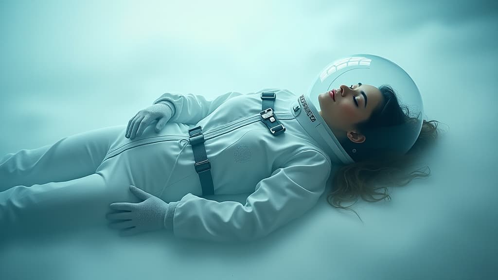  woman in hibernation within transparent spacesuit.