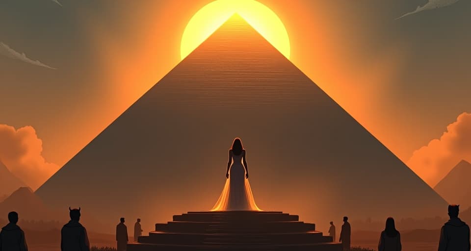  a colossal pyramidal structure illuminated by the first light of dawn, a large busted priestess in a sheer gown standing at its peak, her stance powerful and regal, aurora of triumph, the physical manifestation of revelation and victory, bystanders in awe stricken admiration. the style is digital art illustration / modern comic book / mysterious occult, symbolic, esoteric vibe,high detail on character design, incorporating ancient egyptian symbology and attire.