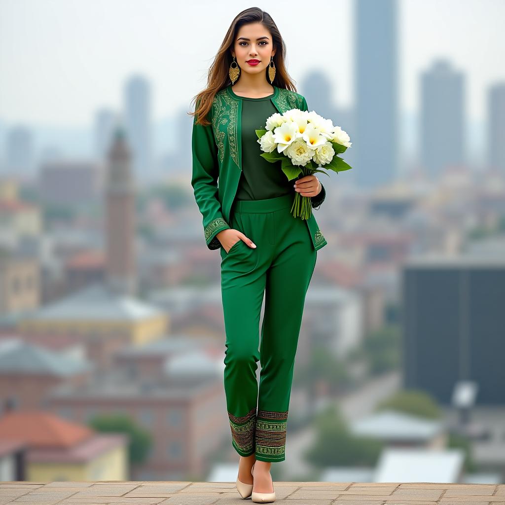  a young woman in a green pantsuit with national tatar motifs. she is wearing a t shirt, pants, and a cardigan. she has large gold earrings and is holding a bouquet of white flowers. the city is in the background. the woman is standing in full length, wearing high heels.