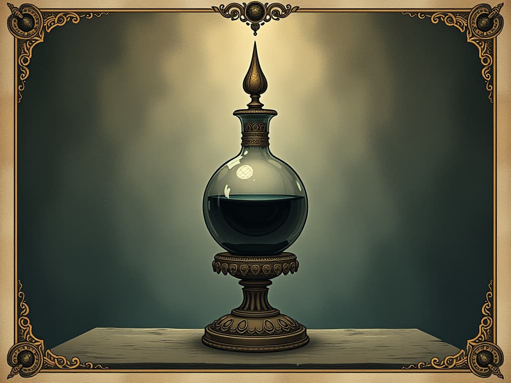  a delicate, ornate bottle with dark liquid inside, placed on a pedestal, subtle threat, hidden dangers, veiled malice. an illustration in the style of a worn, mystical old tarot trump card, mysterious and elements of surrealism. the colors are muted, somber and eerie, but with contrast bring out an occult and esoteric vibe.