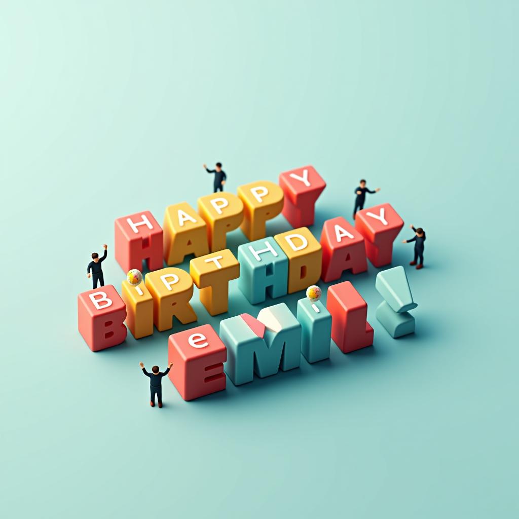  isometric 3d render of colorful building blocks spelling out "happy birthday emil!" with tiny figurines celebrating around them hyperrealistic, full body, detailed clothing, highly detailed, cinematic lighting, stunningly beautiful, intricate, sharp focus, f/1. 8, 85mm, (centered image composition), (professionally color graded), ((bright soft diffused light)), volumetric fog, trending on instagram, trending on tumblr, HDR 4K, 8K