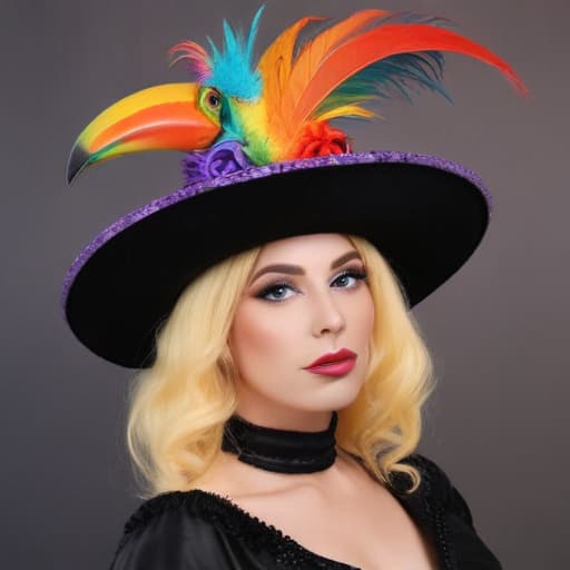 Rainbow drag queen cowboy top hat and headdress tuxedo with spurs toucan Elizabethan collar wand paraso in the Van Gogh style