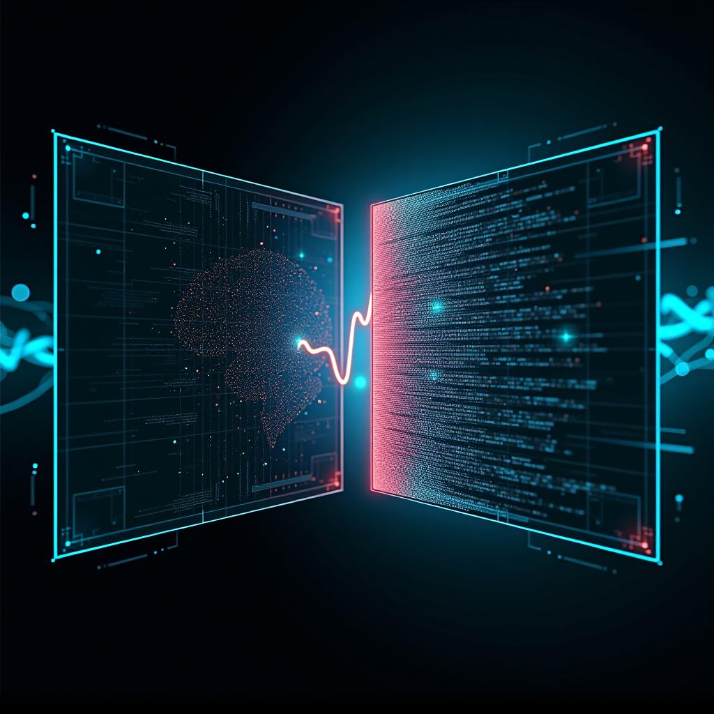  design a concept image that visually represents 'ai upscaling.' imagine a split screen where the left side shows a low resolution, pixelated image, and the right side shows the same image enhanced with stunning clarity and detail. the transformation process in the middle should be depicted with dynamic elements like glowing particles, data waves, or pixel grids being 'pulled' and 'stretched' towards the high resolution side. include visual cues of ai technology, such as a sleek, futuristic interface or a holographic ai brain, guiding the process. the background should be dark with electric blues and greens, contrasted with bright neon accents, to highlight the advanced technology driving the upscaling