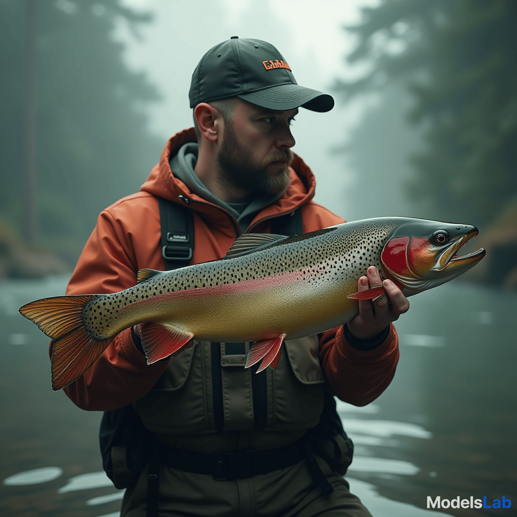  trout hyperrealistic, full body, detailed clothing, highly detailed, cinematic lighting, stunningly beautiful, intricate, sharp focus, f/1. 8, 85mm, (centered image composition), (professionally color graded), ((bright soft diffused light)), volumetric fog, trending on instagram, trending on tumblr, HDR 4K, 8K