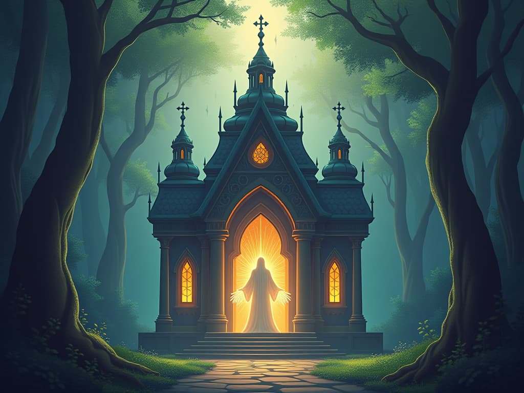  a mystical, glowing temple in an enchanted forest, where an ethereal being in radiant robes stands at the highest point, symbolizing the achievement of one's divine potential, peaceful and exalted.. the style is digital art illustration,highly detailed, whimsical,magical, dreamlike atmosphere, realism and fantasy blend, smooth, glossy textures,luminous quality, wonder and enchantment.