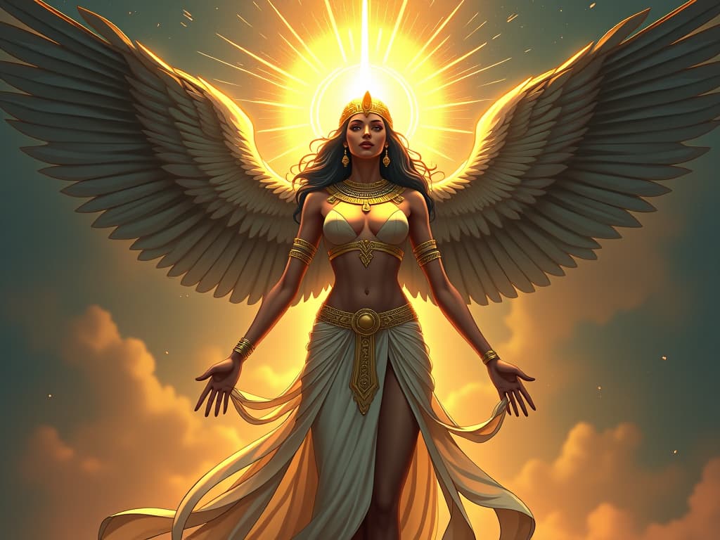  a radiant large busted goddess in a tight, flowing gown, standing tall with wings outstretched, surrounded by celestial light, her expression serene and benevolent, atmosphere of guiding force for good.. the style is digital art illustration / modern comic book / mysterious occult, symbolic, esoteric vibe,high detail on character design, incorporating ancient egyptian symbology and attire.