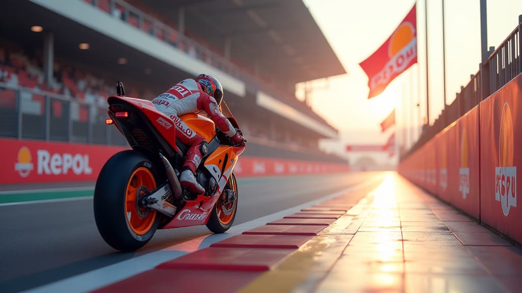  generate a poignant scene capturing the end of an era between honda racing corporation and repsol. show a detailed, ultra realistic composition symbolizing their long standing partnership include honda and repsol logos prominently displayed. depict a dramatic, light filled setting with colorful elements to convey the emotional impact of bidding farewell. incorporate racing elements, like helmets or flags, to represent their shared success. create a visually striking image evoking nostalgia and