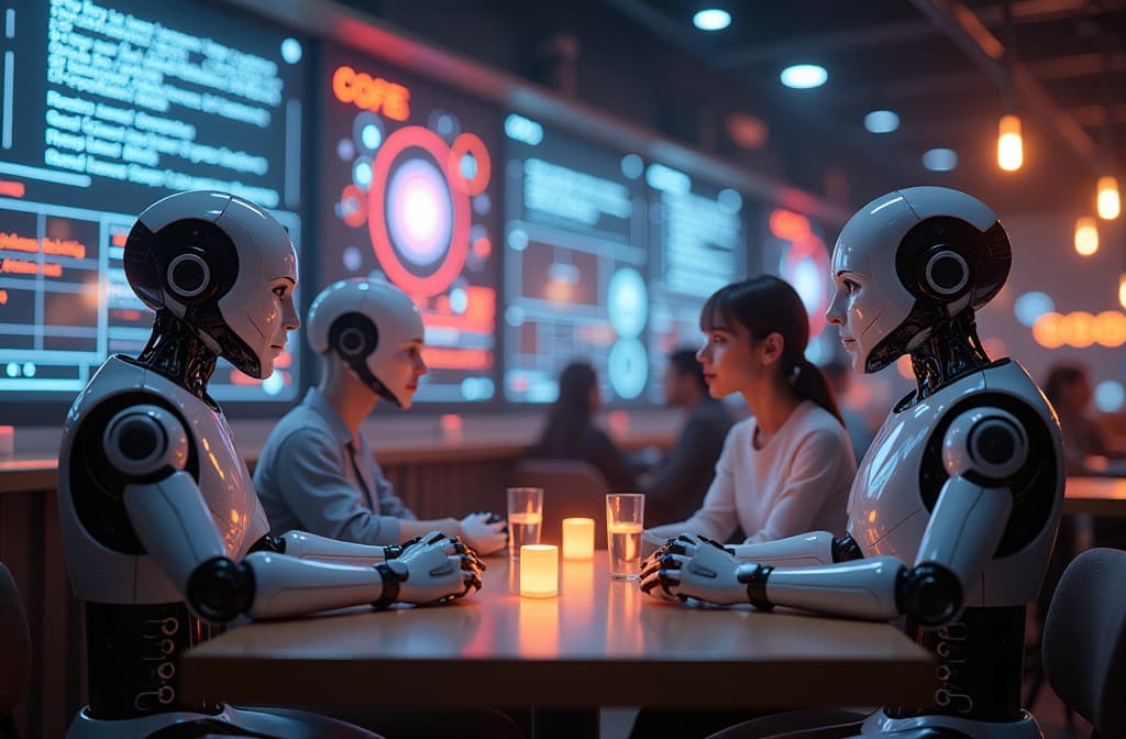  "an imaginative scene depicting a futuristic digital café where humanoid robots engage in animated discussions, surrounded by glowing holographic screens displaying flowing streams of text and vibrant data visualizations. the ambience is warm and inviting, with abstract representations of thought bubbles and circuits intertwining in the air, reflecting the lively exchange of ideas between humans and intelligent machines." hyperrealistic, full body, detailed clothing, highly detailed, cinematic lighting, stunningly beautiful, intricate, sharp focus, f/1. 8, 85mm, (centered image composition), (professionally color graded), ((bright soft diffused light)), volumetric fog, trending on instagram, trending on tumblr, HDR 4K, 8K