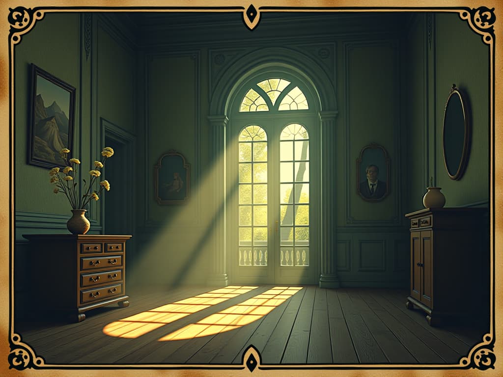  sunlit room, shadows receding, positivity flourishing, fresh start, airy and light filled. an illustration in the style of a worn, mystical old tarot trump card, mysterious and elements of surrealism. the colors are muted, somber and eerie, but with contrast bring out an occult and esoteric vibe.