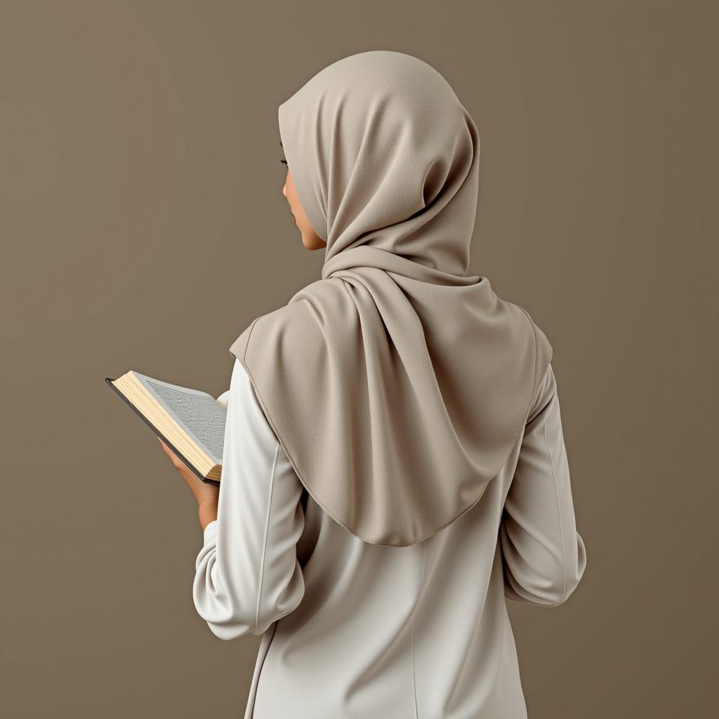  a woman in a hijab with a book in her hands, wearing light colored clothing, seen from behind and slender.