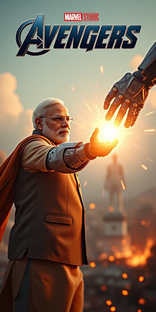  a hyper realistic movie poster titled "indian avengers" featuring narendra modi as a cyborg robot. he launches a powerful hand attack on ultron, his mechanical arm glowing with intense energy. modi’s face, part human and part robotic, is determined as the force of the strike sends shockwaves through the scene. the background shows a futuristic cityscape with indian architecture, with the title "indian avengers" prominently displayed above.