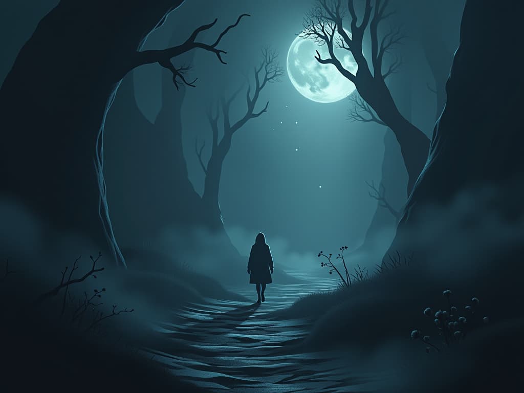  a lone, ethereal figure traversing through a shadowy, mystical landscape. the atmosphere is heavy, with faint, glowing symbols representing inner shadows.. the style is digital art illustration,highly detailed, whimsical,magical, dreamlike atmosphere, realism and fantasy blend, smooth, glossy textures,luminous quality, wonder and enchantment.