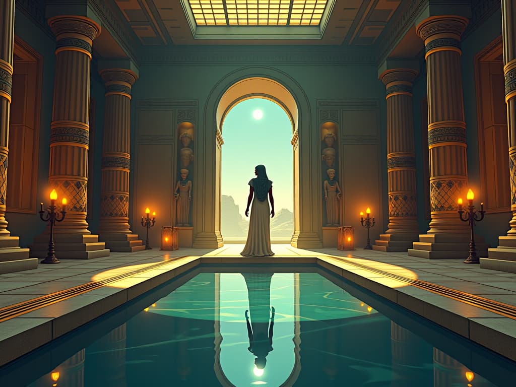  an ancient egyptian temple interior, filled with sacred artifacts and a reflecting pool, serene atmosphere, symbolizing purpose reflection and inner peace foundation. the style is digital art illustration / modern comic book / mysterious occult, symbolic, esoteric vibe,high detail on character design, incorporating ancient egyptian symbology and attire.