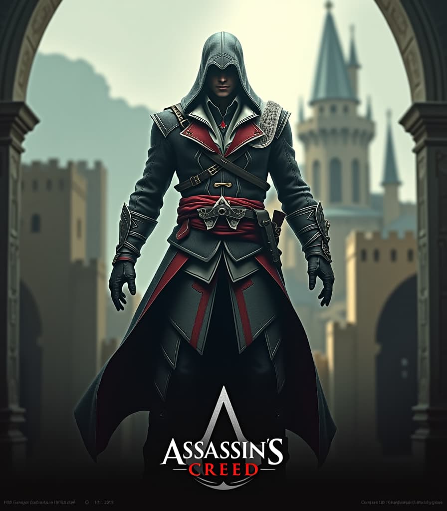  gothic style old poster, poster for the assassin's creed franchise unity, assassin's castle in masyaf, assassin in the foreground, text at the bottom in capital letters "assassin's creed", high detail, high resolution, detailed skin, detailed eyes, detailed background, cinematic, (great depth of field:1.4), hyper realism, lots of small details, perfect composition and angle. . dark, mysterious, haunting, dramatic, ornate, detailed hyperrealistic, full body, detailed clothing, highly detailed, cinematic lighting, stunningly beautiful, intricate, sharp focus, f/1. 8, 85mm, (centered image composition), (professionally color graded), ((bright soft diffused light)), volumetric fog, trending on instagram, trending on tumblr, HDR 4K, 8K