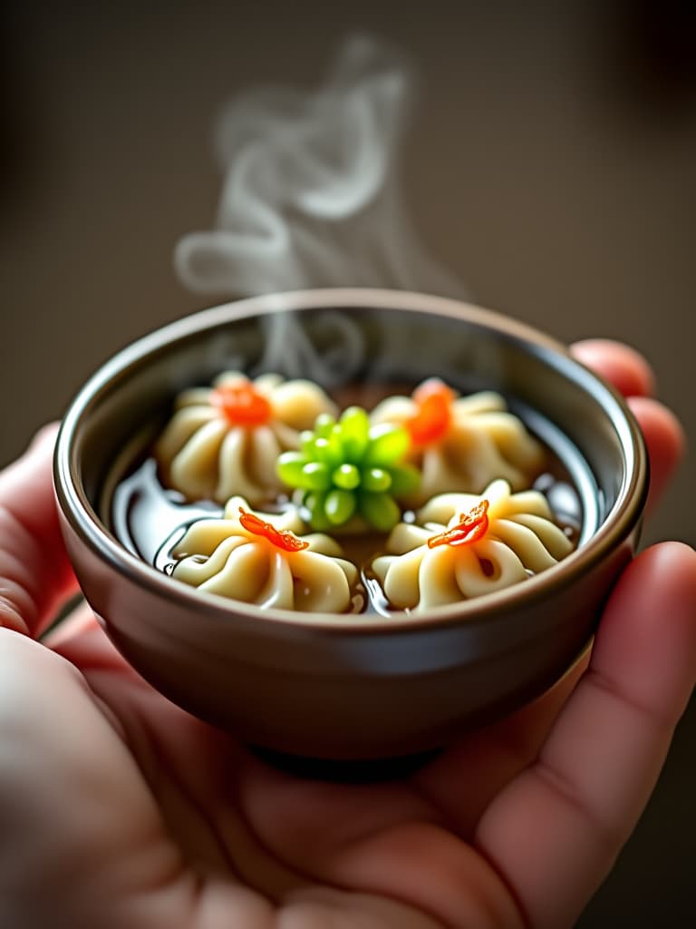  (((person))), (((hand))), miniature soup bowl, chinese dumplings and broth, close up shot, canon 50mm lens, detailed food, steam rising, appetizing, food photography, soft focus background, highly detailed photo, sharp details, best quality, 4k, raw photo