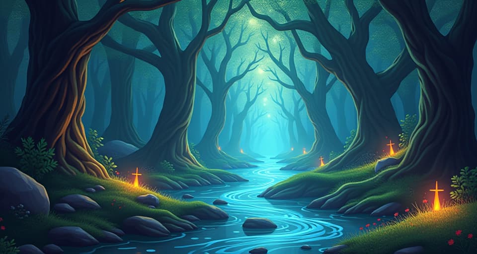  magical forest with bright currents flowing through enchanted barriers. sense of unseen mystical forces.. the style is digital art illustration,highly detailed, whimsical,magical, dreamlike atmosphere, realism and fantasy blend, smooth, glossy textures,luminous quality, wonder and enchantment.