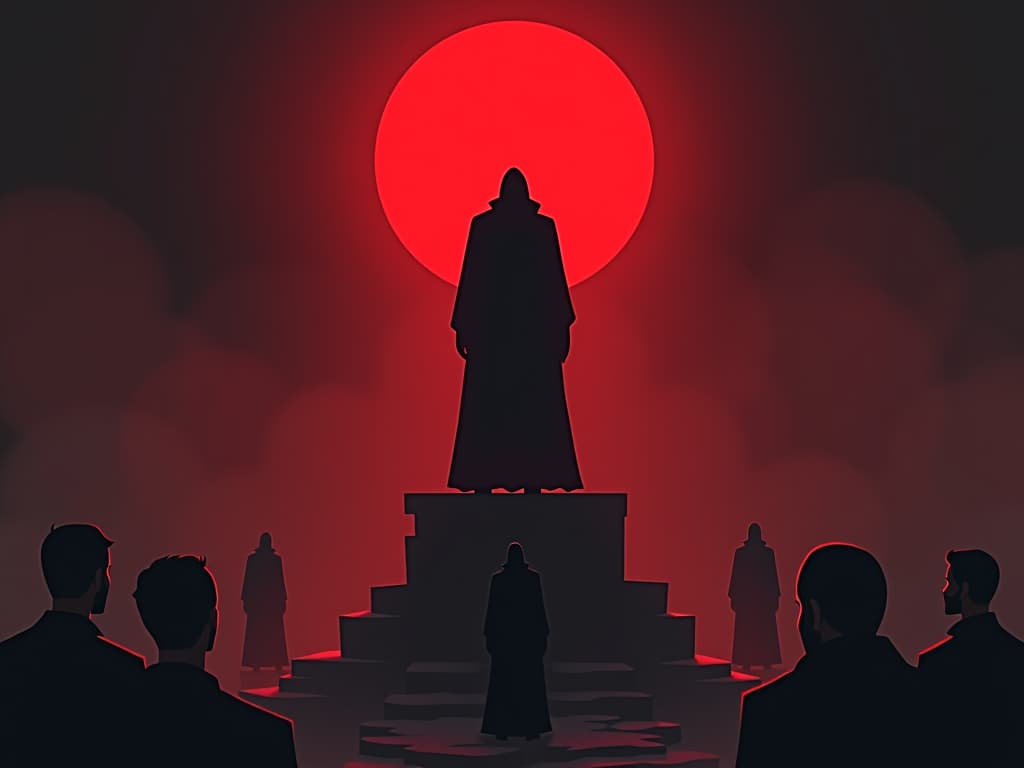  image of a person standing on a pedestal with others looking up, one figure in the shadows, envious and resentful expression, mood of admiration versus jealousy.. the style is dark fantasy and mysterious occult, symbolic, moody lighting, esoteric vibe,high detail on character design. for the color scheme emphasize blacks and reds.