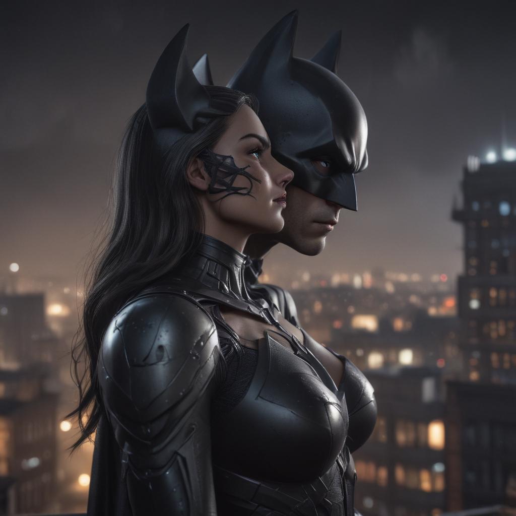 ((masterpiece)),(((best quality))), 8k, high detailed, ultra detailed, Cat Woman kissing Batman, moonlit rooftop setting, dramatic lighting, comic book style hyperrealistic, full body, detailed clothing, highly detailed, cinematic lighting, stunningly beautiful, intricate, sharp focus, f/1. 8, 85mm, (centered image composition), (professionally color graded), ((bright soft diffused light)), volumetric fog, trending on instagram, trending on tumblr, HDR 4K, 8K