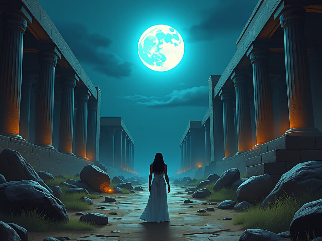  ancient ruins under moonlight, hint of bustling life, potential and growth in the air. the style is digital art illustration / modern comic book / mysterious occult, symbolic, esoteric vibe,high detail on character design, incorporating ancient egyptian symbology and attire.