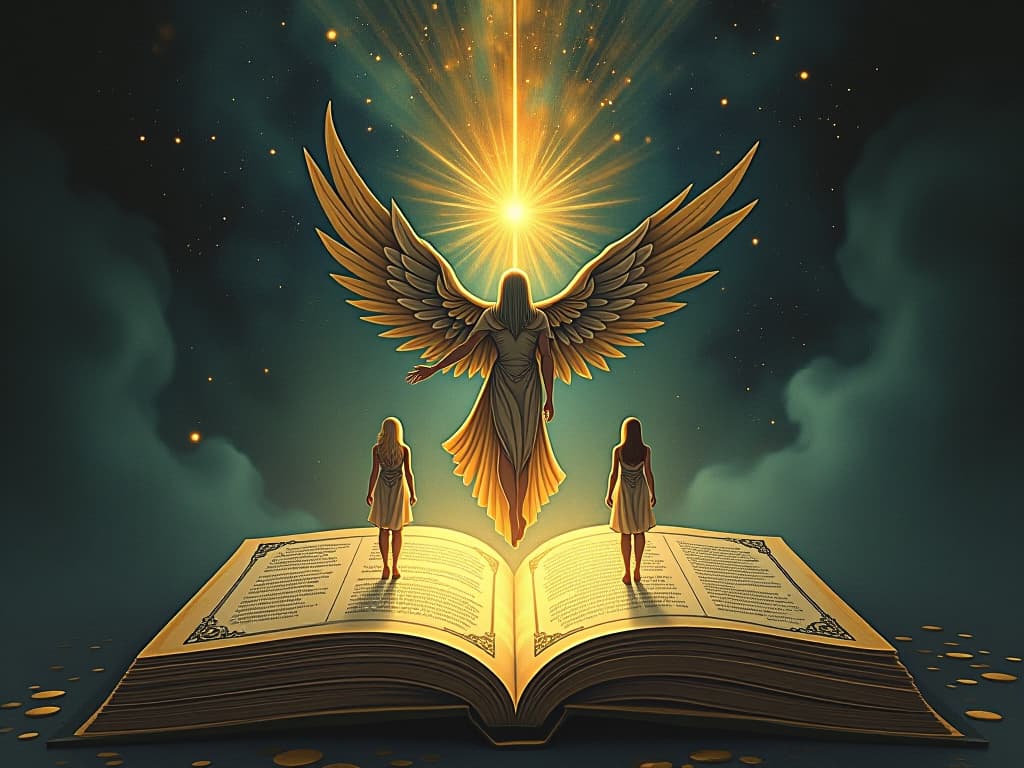  an open book with glowing pages, ethereal figures emerging from the pages, celestial background, higher purpose, guiding paths, mystical aura, enlightened atmosphere. an illustration in the style of a worn, mystical old tarot trump card, mysterious and elements of surrealism. the colors are muted, somber and eerie, but with contrast bring out an occult and esoteric vibe.