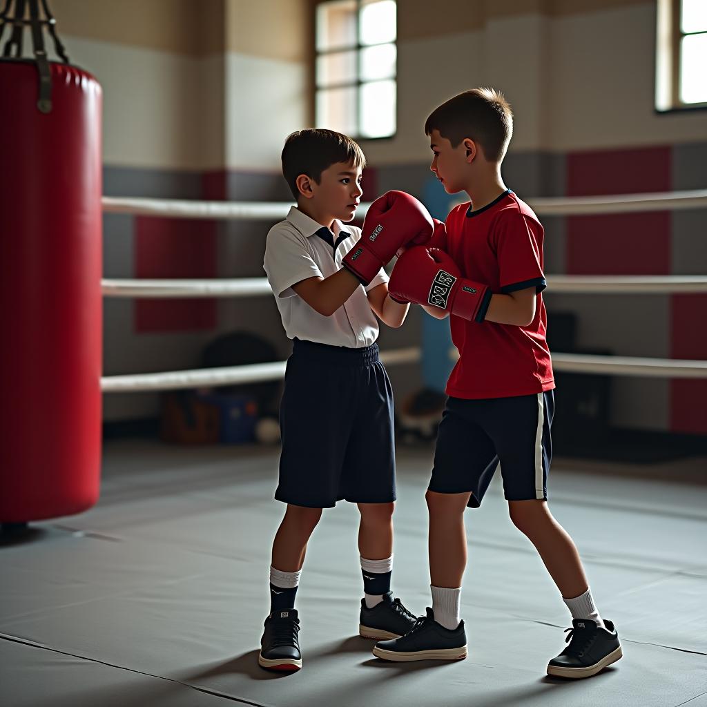  the boy in a school uniform came to boxing practice.