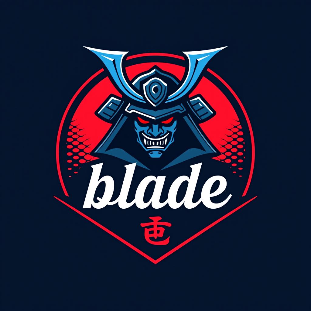  design a logo, emblem logo, with the written text ‘blade’, samurai theme, red and blue.