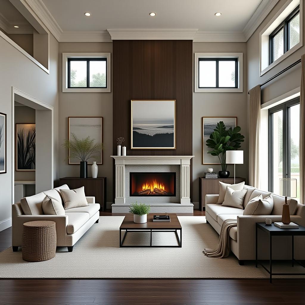  stylish living room featuring essential elements of a dream home, including a cozy fireplace, large windows for natural light, modern furniture, and artfully arranged decor. capture the essence of comfort, elegance, and functionality in a warm and inviting atmosphere.,