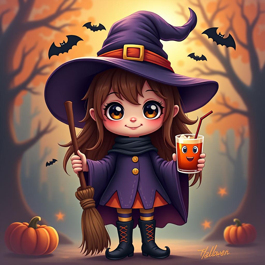  create a digital painting featuring a cute witch character. the witch should be wearing a hat. in one hand, the witch should hold a broomstick, and in the other hand, a halloween themed drink. the background should be colorful and include small black bats, pumpkins and stars to add a playful halloween touch. the overall style should be cute, whimsical, and colorful hyperrealistic, full body, detailed clothing, highly detailed, cinematic lighting, stunningly beautiful, intricate, sharp focus, f/1. 8, 85mm, (centered image composition), (professionally color graded), ((bright soft diffused light)), volumetric fog, trending on instagram, trending on tumblr, HDR 4K, 8K